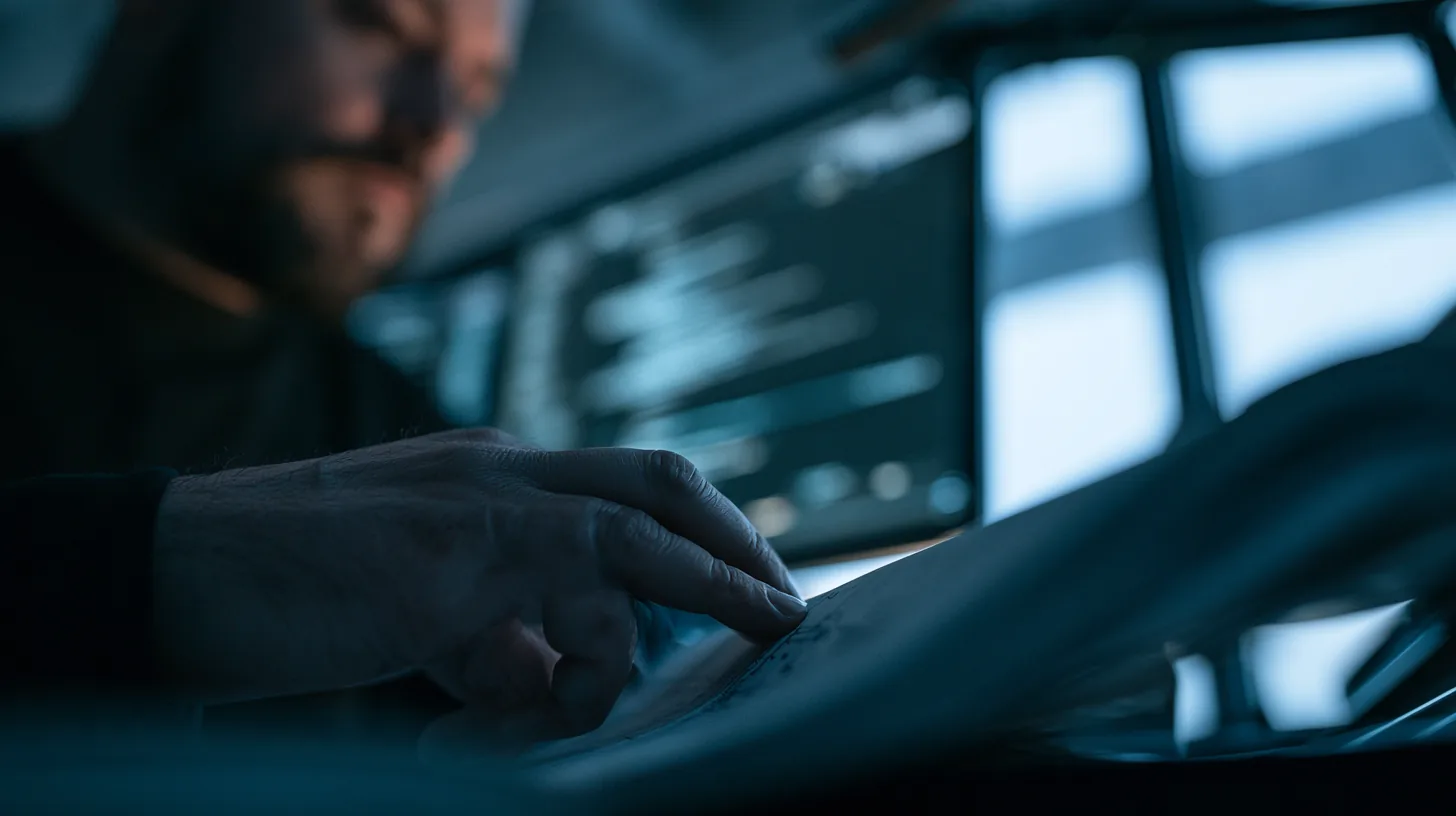 Technical specialist reviewing source information at a digital workstation.
